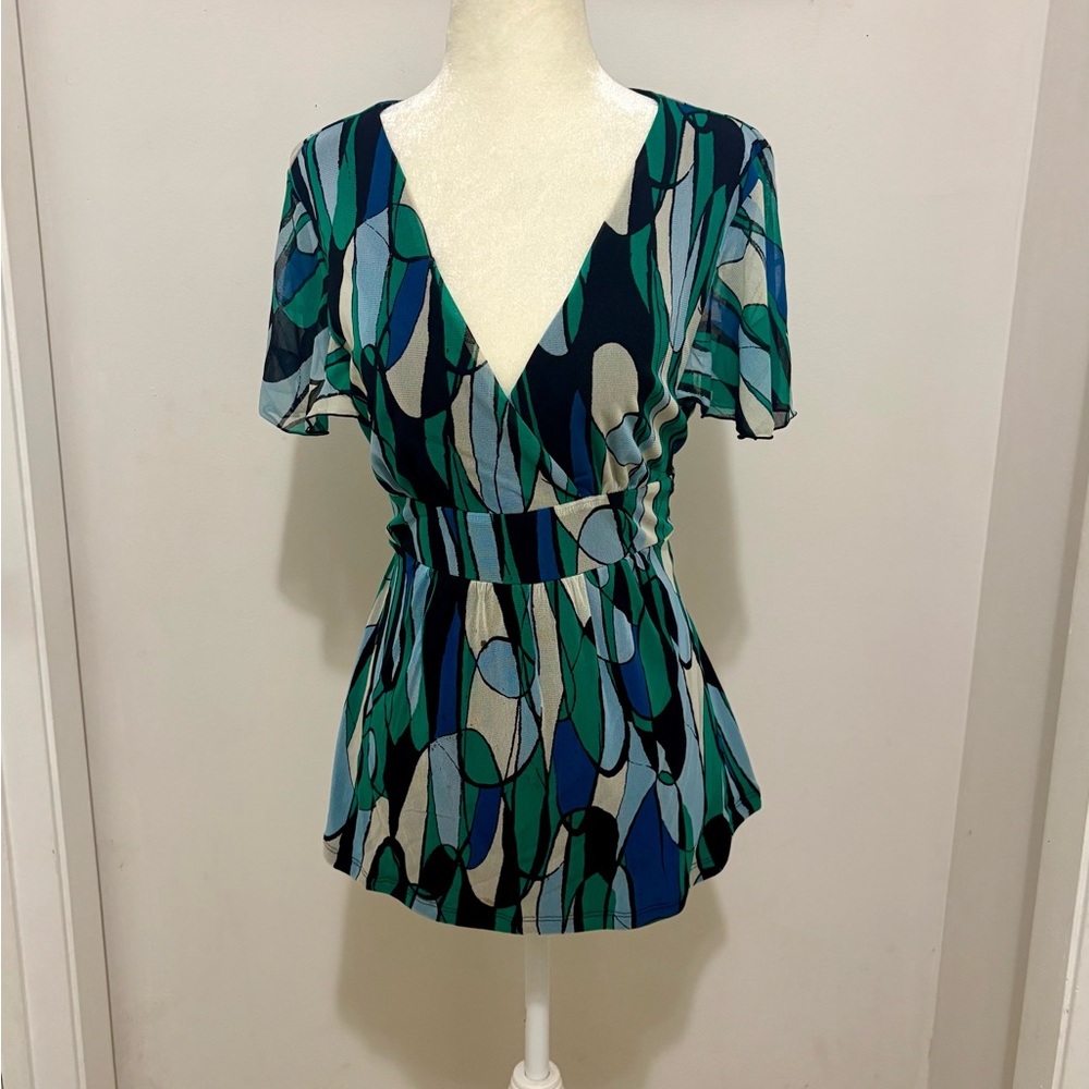 INC International Concepts Blue and Green V-Neck Blouse